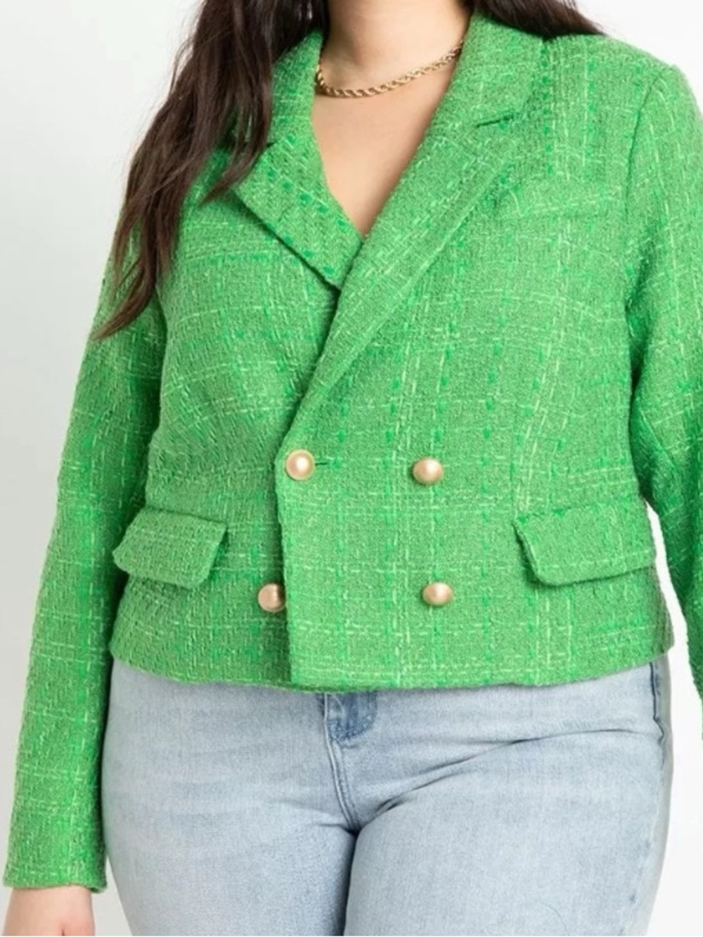 Eloquii Green Tweed Double-Breasted Blazer w/Gold-tone Buttons Size 24W